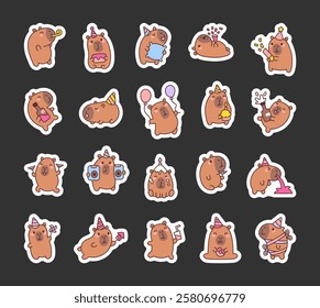 Capybara party set featuring adorable kawaii cartoon characters celebrating with balloons, cake, confetti, candles, drinks, different poses and charming party accessories, for yours design projects