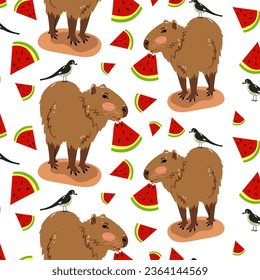 Capybara pattern with a bird on its back, eating watermelon. A touching moment of friendship, cuteness and charm. A mammal shares food with a bird. Repeating vector texture on a white background