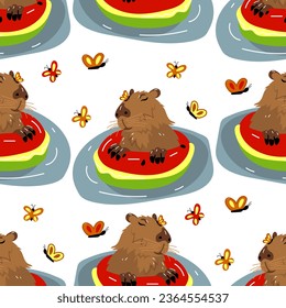 The Capybara pattern floats on a watermelon-shaped circle with a butterfly on its nose. A capybara floating in the water. Kawaii drawing, funny isolated flat illustration. Texture for textiles, paper