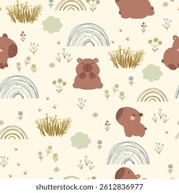 Capybara pattern with flowers, rainbows and bees. Vector illustration for wrapping paper, clothes, facbric,  for party.