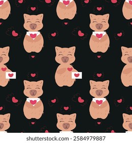 capybara pattern on a black background with hearts and love letters, perfect for Valentine's Day, stationery, fabric, and gift wrapping. Charming seamless design for romantic-themed products.