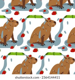 The capybara pattern takes a bamboo rain shower with strawberries. Vector flat texture on a white background. The animal stands under a stream of water and enjoys. Seamless texture. Capybara washes