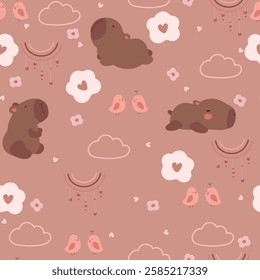 Capybara, pink birds, and flowers with hearts . Seamless pattern with animals, hearts, flowers, and clouds. Vector illustration.