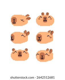 Capybara pixel art set. 8 bit Capybara face