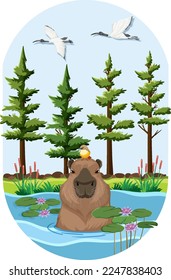 Capybara in pond nature background illustration