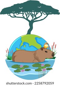 Capybara in pond nature background illustration