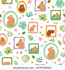 Capybara portrait seamless pattern design. Cute animal portrait in frame on the jungle wall. Summer vector print, background, funny floral wallpaper, patchwork textile design. Childish cartoon paper.