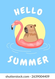 Capybara. Poster, banner. Hello summer, sea, swimming ring and capybara