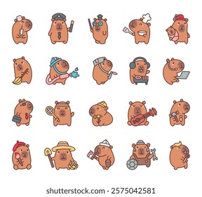 Capybara professions cartoon set with cute kawaii characters holding different tools, equipment, objects, accessories, and items for cheerful creative designs illustration