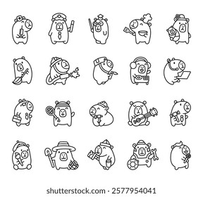 Capybara professions cartoon set with cute kawaii characters holding different tools, equipment, objects, accessories, and items for cheerful creative designs illustration