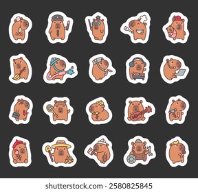 Capybara professions cartoon set with cute kawaii characters holding different tools, equipment, objects, accessories, and items for cheerful creative designs illustration