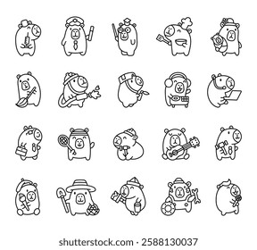 Capybara professions cartoon set with cute kawaii characters holding different tools, equipment, objects, accessories, and items for cheerful creative designs illustration