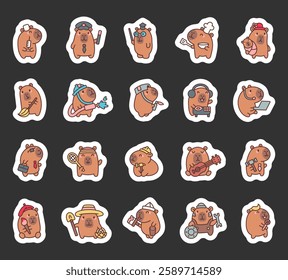 Capybara professions cartoon set with cute kawaii characters holding different tools, equipment, objects, accessories, and items for cheerful creative designs illustration