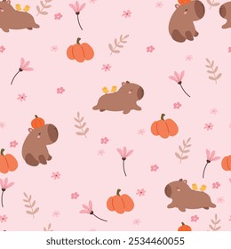 Capybara e padrão de bombons. Padrão sem costura com capivara bonito, flores e abóboras, ilustração queda bonito.