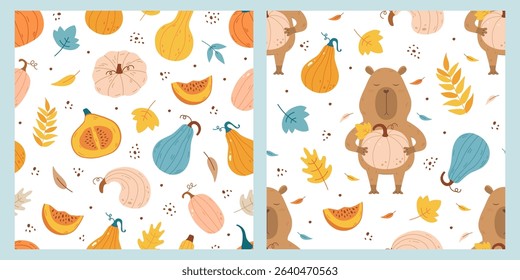 Capybara, pumpkin and leaves autumn pattern set