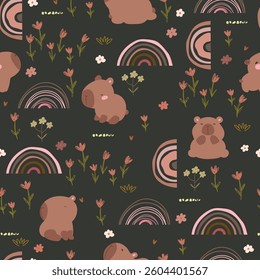 Capybara , rainbows and cute flowers. Cartoon print on dark background, seamless pattern illustration for kids