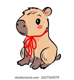 Capybara in a red vest holding a bouquet of red and white roses. Perfect for Valentine's Day cards, romantic gifts, children's illustrations and love-themed designs. Vector	
