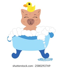 capybara relaxing in a blue bathtub filled with bubbles, with a cute yellow rubber duck on its head. Perfect for self-care, spa, wellness, and relaxation-themed designs