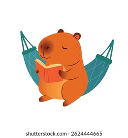  capybara relaxing in a hammock while reading a book. Perfect for designs about relaxation, summer, animals, slow living, or cozy lifestyle themes