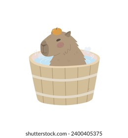 Capybara rests in the bathtub with an orange