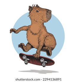 Capybara rides on skateboard. Funny cute skater. Comic style hand drawn vector illustration.