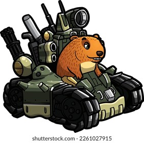 Capybara riding a tank cartoon character