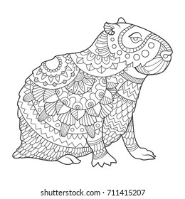 Capybara rodent animal coloring book vector illustration. Black and white lines. Lace pattern