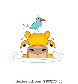 A capybara rodent sits in the water with a bird on its head. Isolated on a white background. Vector stock illustration.