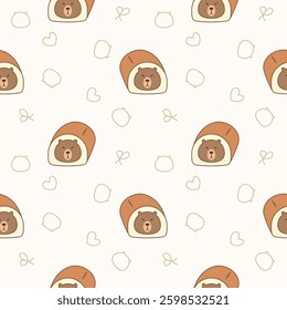 Capybara roll cake cartoon so cute. On heart bow background. Pattern seamless vector illustration. 