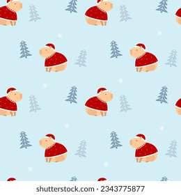 capybara in santa claus costume. Christmas seamless pattern