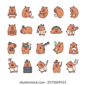 Capybara science experiments set featuring educational cartoon characters with chemistry tools for laboratory research and scientific discovery illustration pack