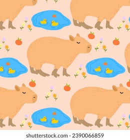 Capybara seamless pattern. Capibara vector illustration for fabric, children's clothing, wrapping paper, children's textiles