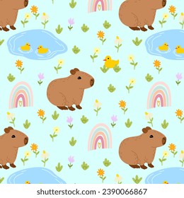 Capybara seamless pattern. Capibara vector illustration for fabric, children's clothing, wrapping paper, children's textiles