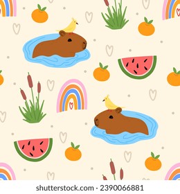 Patrón de capibara sin fisuras. Ilustración vectorial de capibara para tela, ropa para niños, papel de envoltura, textiles para niños