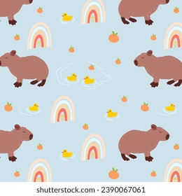 Capybara seamless pattern. Capibara vector illustration for fabric, children's clothing, wrapping paper, children's textiles