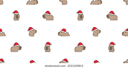 capybara seamless pattern christmas santa claus hat vector cartoon doodle animal gift wrapping paper tile background repeat wallpaper illustration scarf isolated design