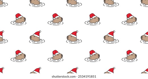 capybara seamless pattern christmas santa claus hat swimming vector cartoon doodle animal gift wrapping paper tile background repeat wallpaper illustration scarf isolated design