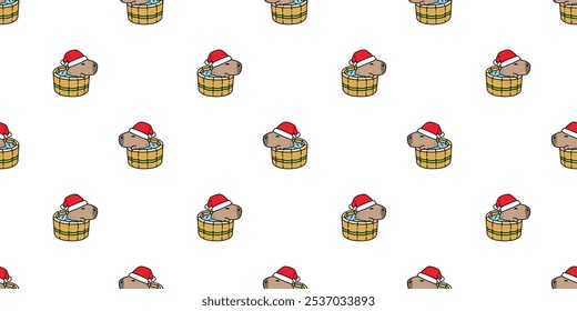 capybara seamless pattern christmas santa claus hat shower bathtub oak barrel vector cartoon doodle animal gift wrapping paper tile background repeat wallpaper illustration scarf isolated design