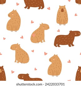 Capybara seamless pattern. Cute cartoon capy animal, pink hearts repeat background, lovely print, wallpaper, wrapping paper for Valentines day, nursery textile design. Childish capybara illustration.