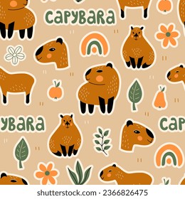 Capybara seamless pattern. Cute cozy wildlife seamless background woth animal rainbow and plants in trendy collage style. Repeat vector illustration