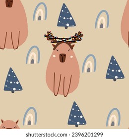 Capybara seamless pattern. Cute New Year background for fabric, wrapping paper, textile vector illustration