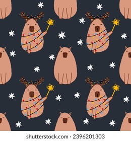 Capybara seamless pattern. Cute New Year background for fabric, wrapping paper, textile vector illustration.