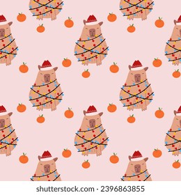 Capybara seamless pattern. Cute New Year background for fabric, wrapping paper, textile vector illustration