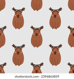 Capybara seamless pattern. Cute New Year background for fabric, wrapping paper, textile vector illustration