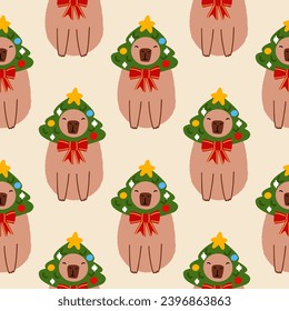 Capybara seamless pattern. Cute New Year background for fabric, wrapping paper, textile vector illustration