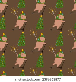 Capybara seamless pattern. Cute New Year background for fabric, wrapping paper, textile vector illustration