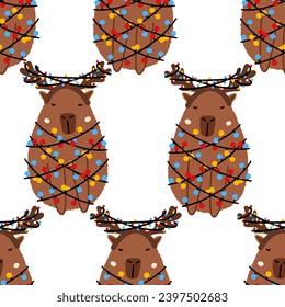 Capybara seamless pattern. Cute New Year background for fabric, wrapping paper, textile vector illustration