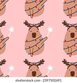 Capybara seamless pattern. Cute New Year background for fabric, wrapping paper, textile vector illustration