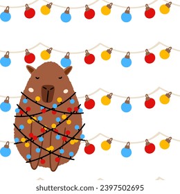 Capybara seamless pattern. Cute New Year background for fabric, wrapping paper, textile vector illustration
