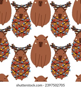 Capybara seamless pattern. Cute New Year background for fabric, wrapping paper, textile vector illustration